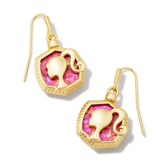 Barbie™ x Kendra Scott Gold Drop Earrings in Pink Iridescent Glitter Glass - Picture 12 of 12